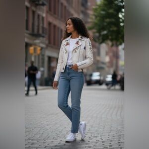 Embroidered Ivory White Faux Leather Jacket with Floral Design, zippers and stud